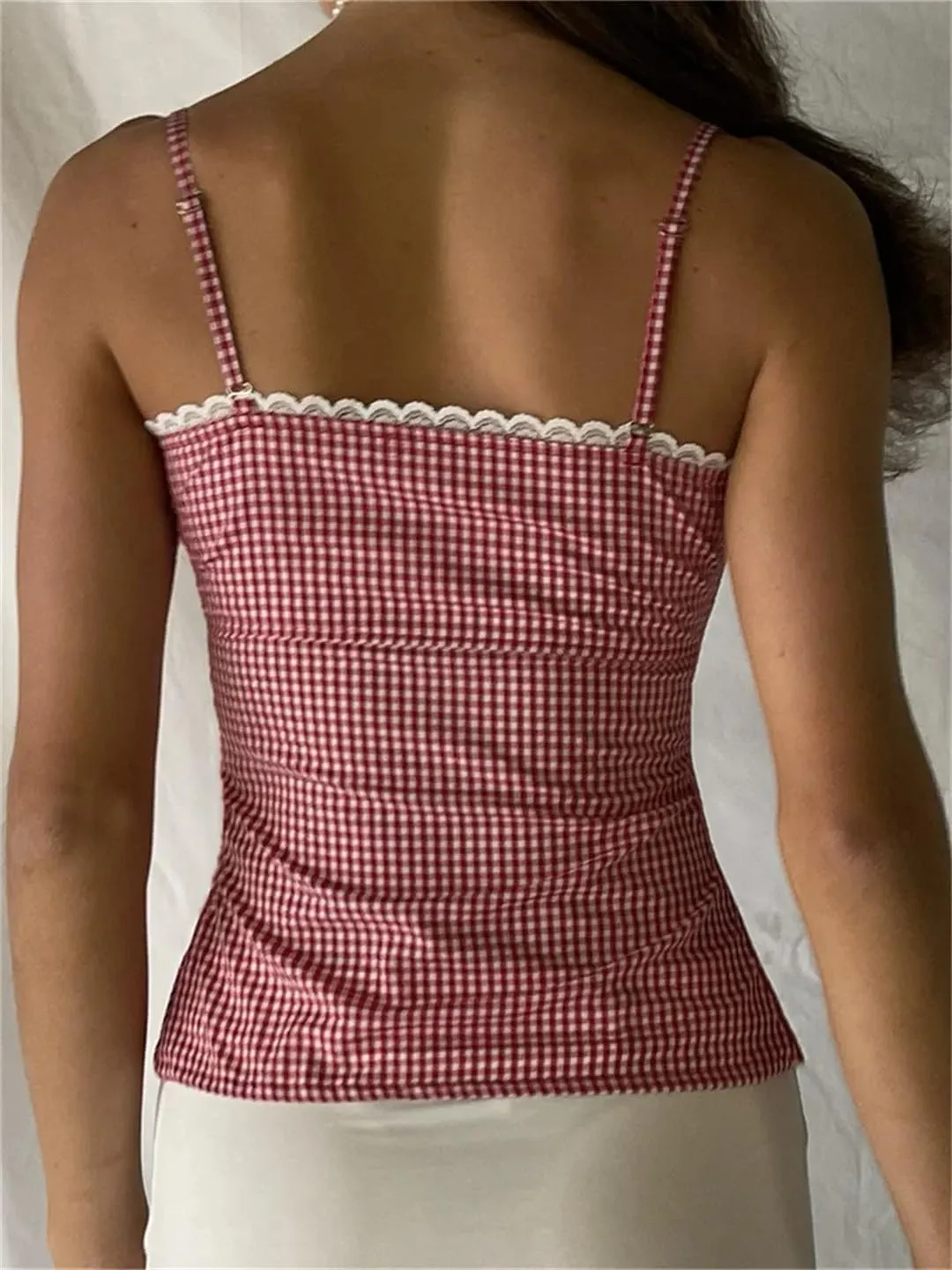 Women Summer Lace Trim Plaid Print V-Neck Buttons Down Spaghetti Strap Tank Crop Tops Vest
