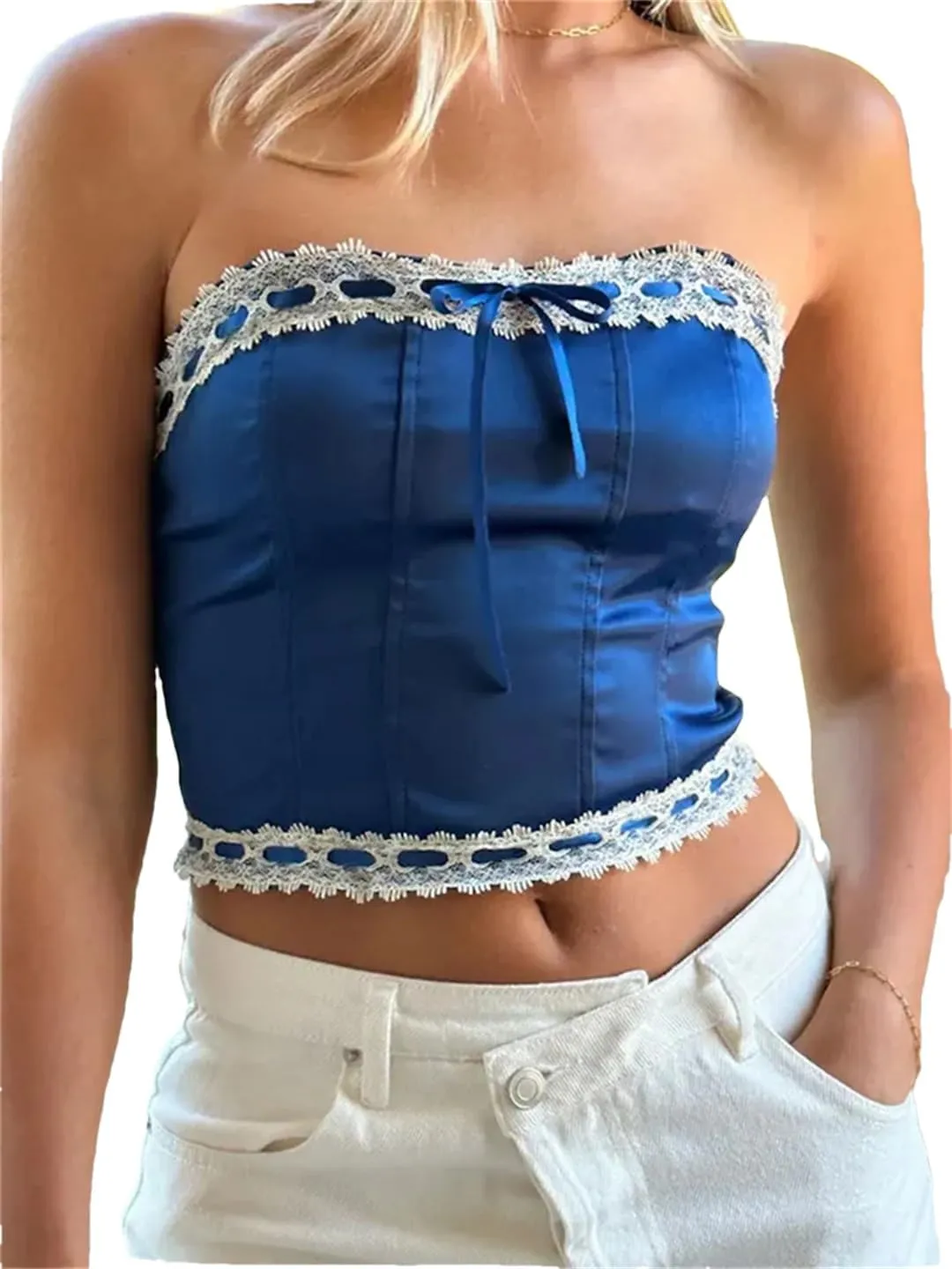 Women Summer Satin Slim Tube Tops Lace Trim Bow Exposed Navel Mini Vest Back Zip Up Bustiers