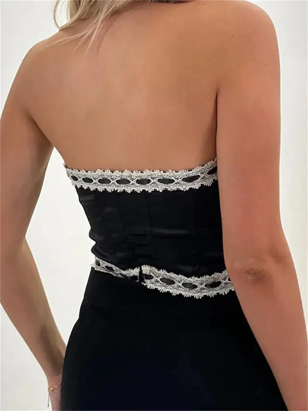Women Summer Satin Slim Tube Tops Lace Trim Bow Exposed Navel Mini Vest Back Zip Up Bustiers