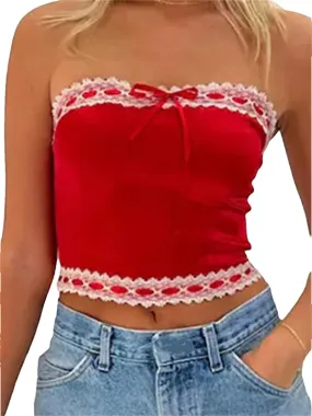 Women Summer Satin Slim Tube Tops Lace Trim Bow Exposed Navel Mini Vest Back Zip Up Bustiers