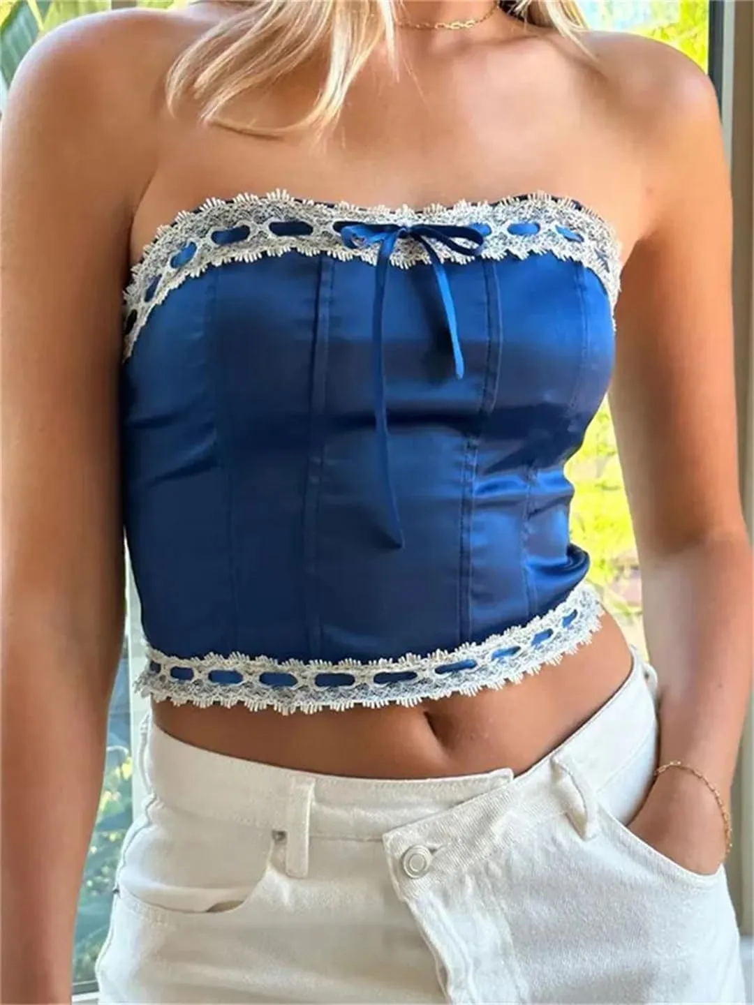Women Summer Satin Slim Tube Tops Lace Trim Bow Exposed Navel Mini Vest Back Zip Up Bustiers