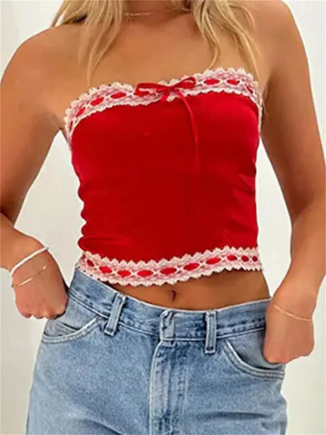 Women Summer Satin Slim Tube Tops Lace Trim Bow Exposed Navel Mini Vest Back Zip Up Bustiers