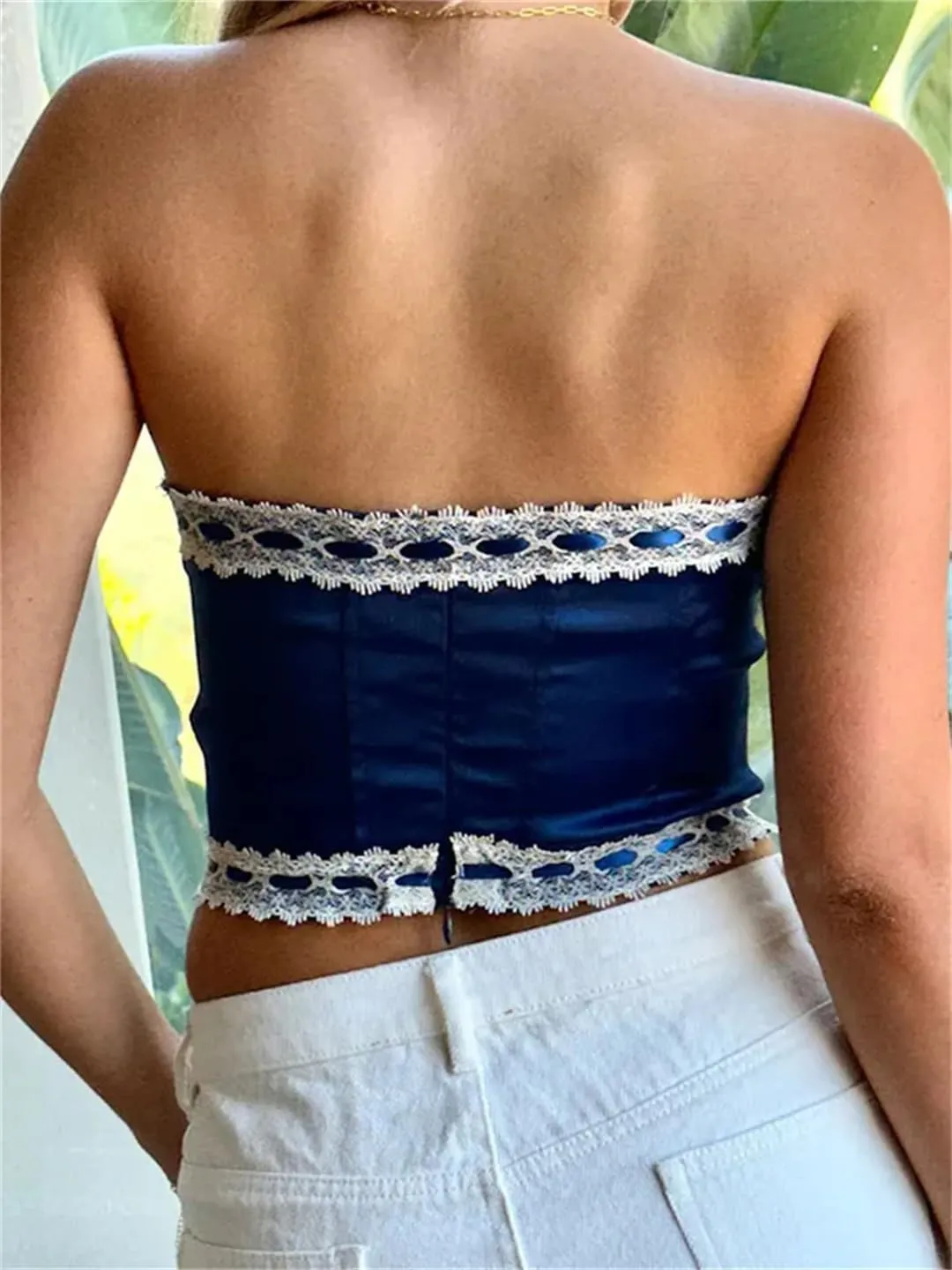 Women Summer Satin Slim Tube Tops Lace Trim Bow Exposed Navel Mini Vest Back Zip Up Bustiers
