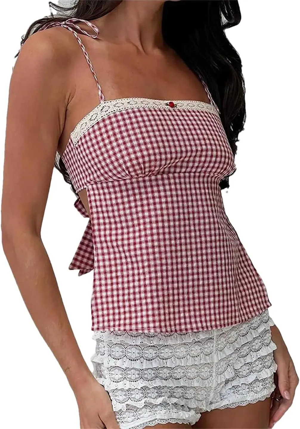 Women Summer Sleeveless Y2k Plaid Crop Camisole Kawaii Backless Bow Tie Straps Tank Tops