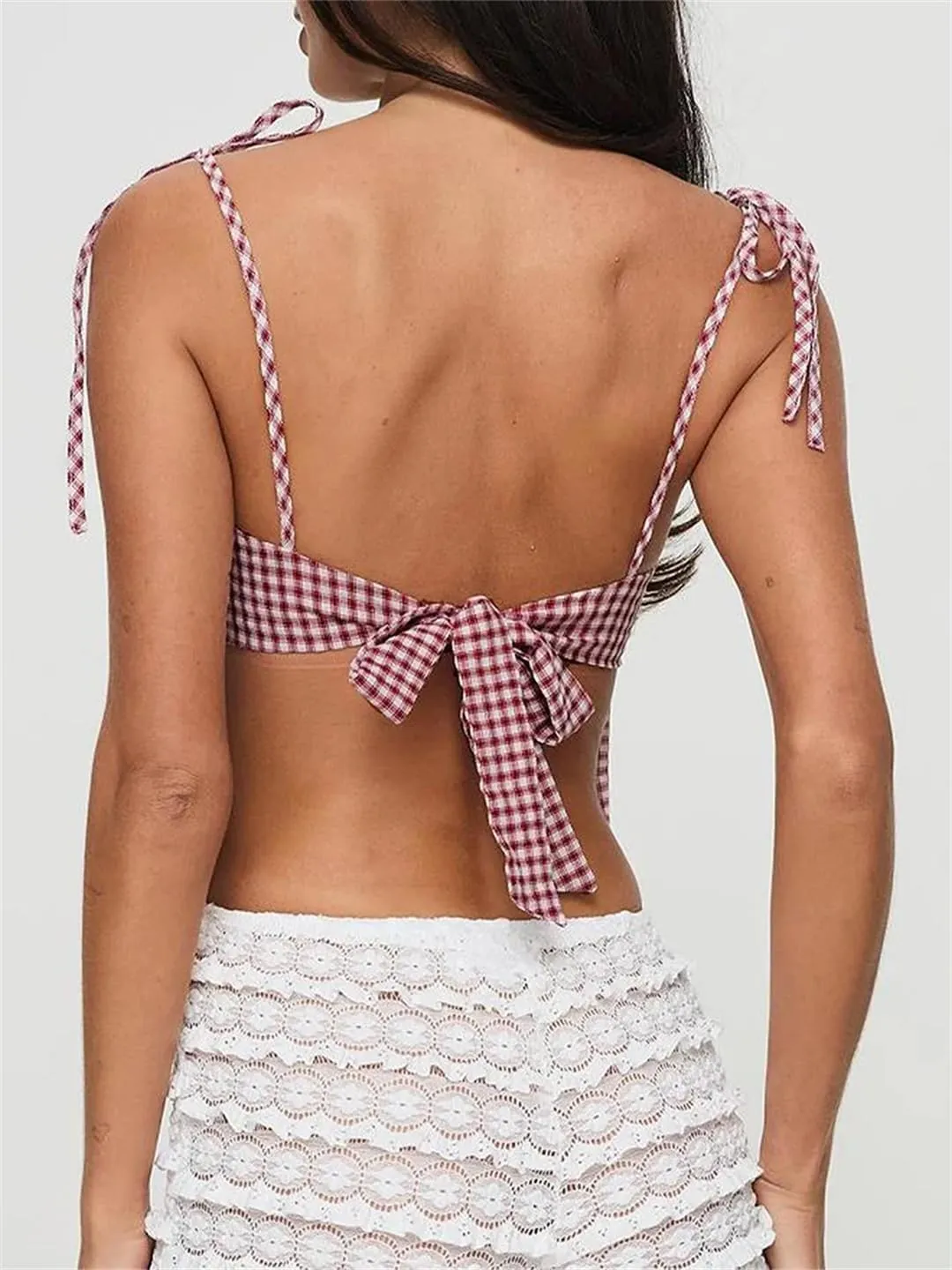 Women Summer Sleeveless Y2k Plaid Crop Camisole Kawaii Backless Bow Tie Straps Tank Tops