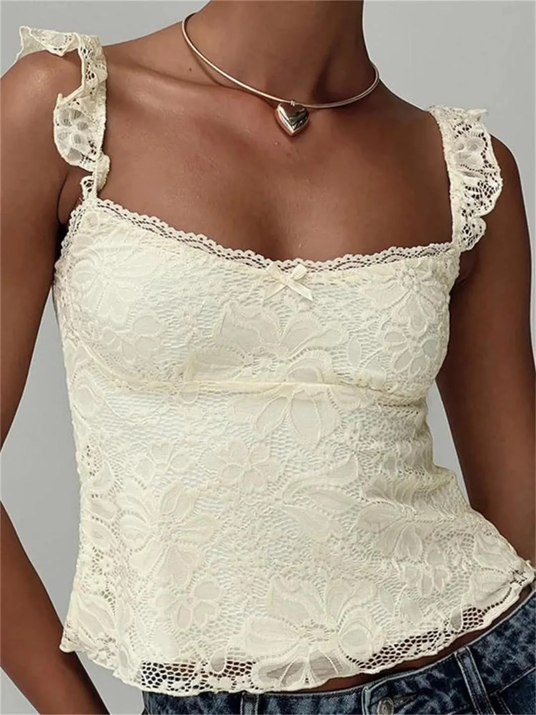 Women Summer Slim Fit Tops Sleeveless Ruffles Strap Low Cut Square Neck Lace Floral Tank Mini Vest