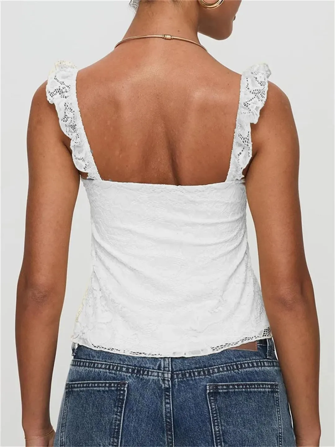 Women Summer Slim Fit Tops Sleeveless Ruffles Strap Low Cut Square Neck Lace Floral Tank Mini Vest