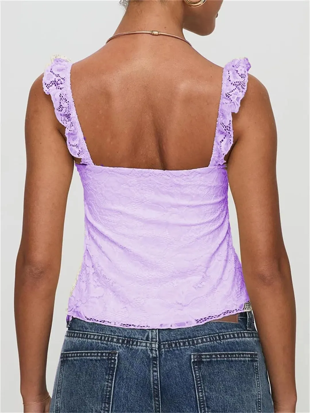 Women Summer Slim Fit Tops Sleeveless Ruffles Strap Low Cut Square Neck Lace Floral Tank Mini Vest
