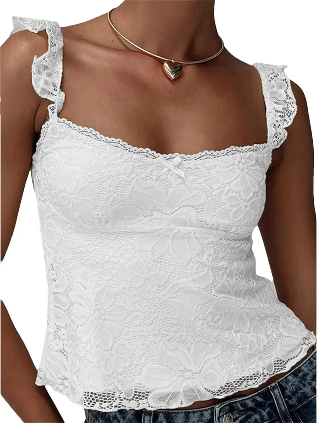 Women Summer Slim Fit Tops Sleeveless Ruffles Strap Low Cut Square Neck Lace Floral Tank Mini Vest