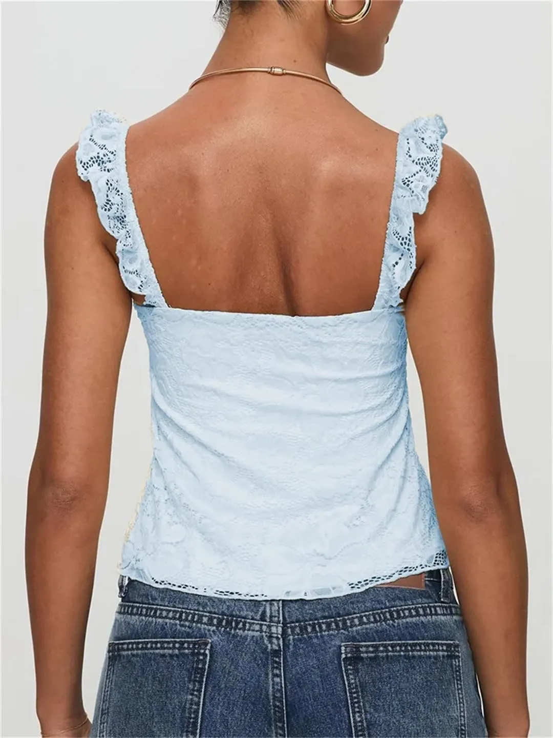 Women Summer Slim Fit Tops Sleeveless Ruffles Strap Low Cut Square Neck Lace Floral Tank Mini Vest