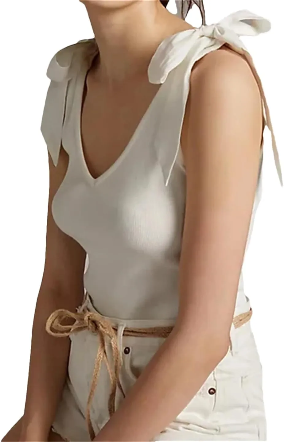 Women Summer V Neck Sleeveless Solid Backless Bow Tie-Up Strap Slim Fit Vest Party Tank Tops