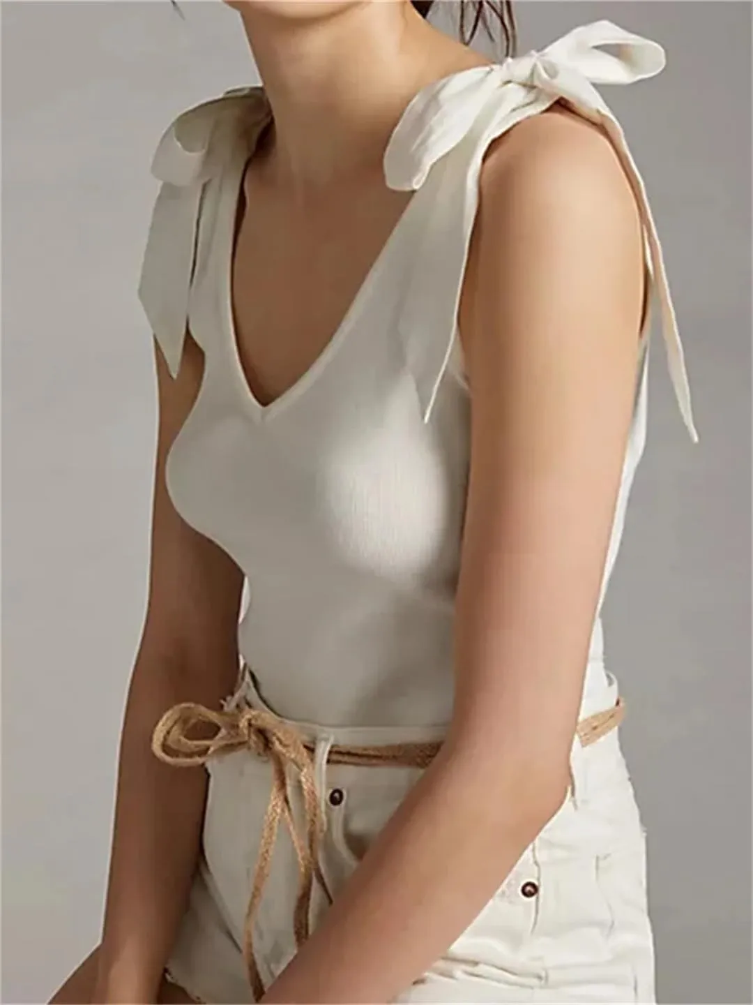 Women Summer V Neck Sleeveless Solid Backless Bow Tie-Up Strap Slim Fit Vest Party Tank Tops