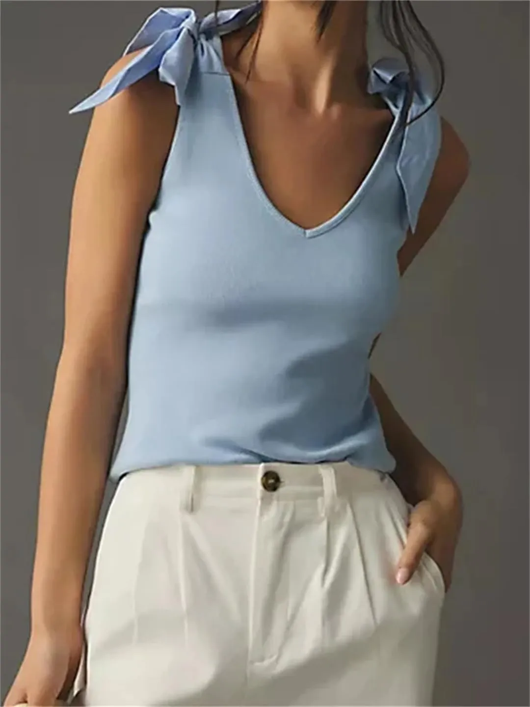 Women Summer V Neck Sleeveless Solid Backless Bow Tie-Up Strap Slim Fit Vest Party Tank Tops