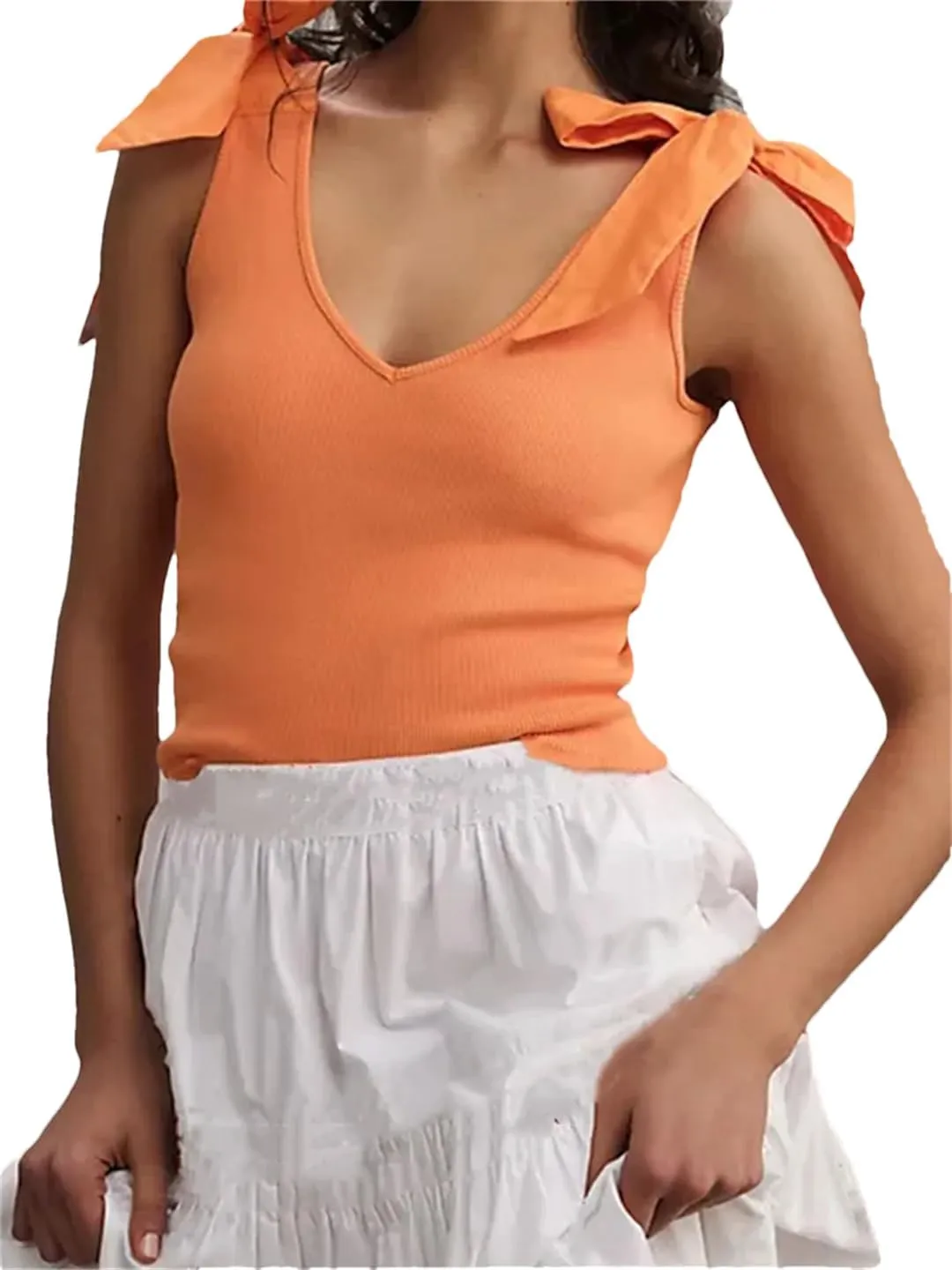 Women Summer V Neck Sleeveless Solid Backless Bow Tie-Up Strap Slim Fit Vest Party Tank Tops