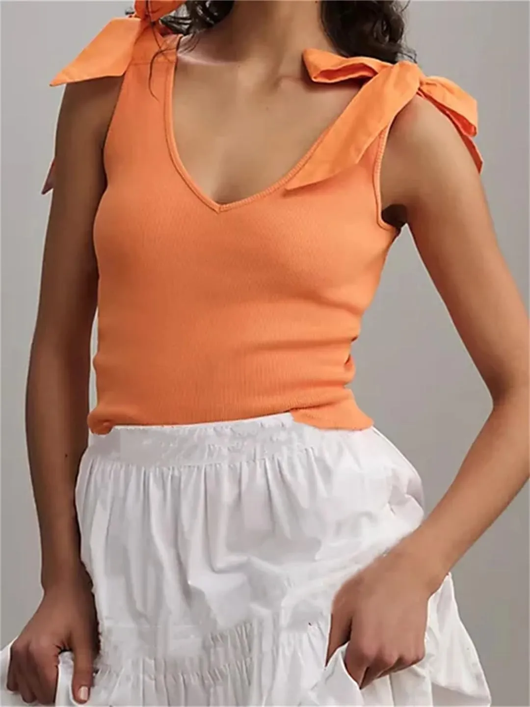 Women Summer V Neck Sleeveless Solid Backless Bow Tie-Up Strap Slim Fit Vest Party Tank Tops