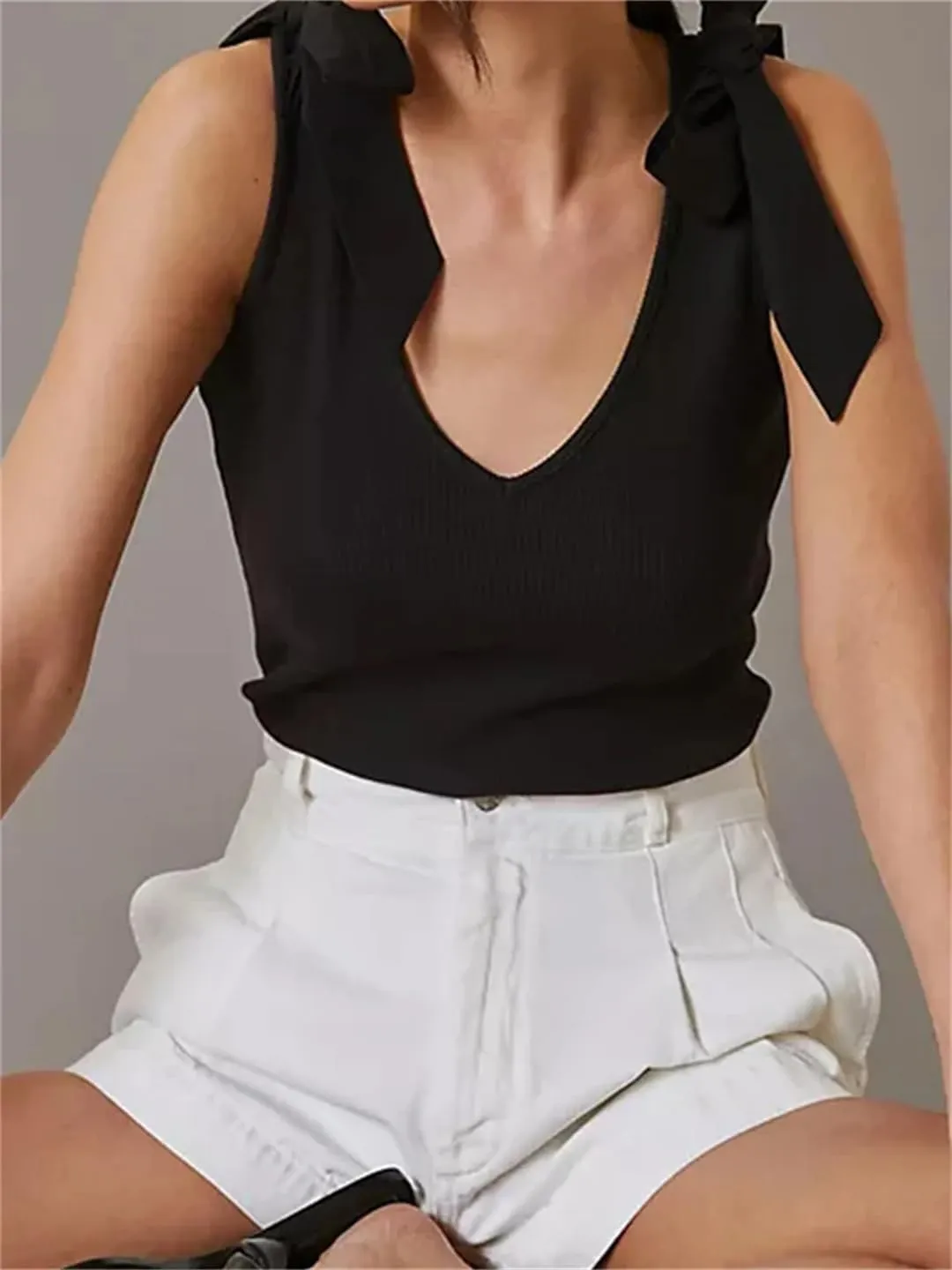 Women Summer V Neck Sleeveless Solid Backless Bow Tie-Up Strap Slim Fit Vest Party Tank Tops