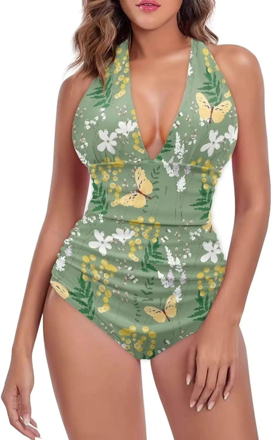 Women Tummy Control Bathing Suits Halter One Piece Swimsuits Push Up Bathingsuits Padded Swim Suits Leopard Print