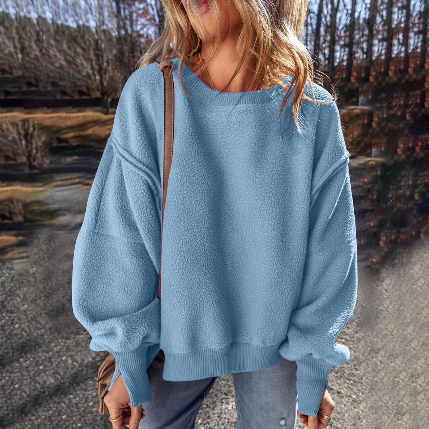 Womens Casual Crewneck Sweatshirt Fleece Long Sleeve Tops Oversized Pullover Winter Fashion Outfits Clothes 2024