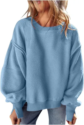 Womens Casual Crewneck Sweatshirt Fleece Long Sleeve Tops Oversized Pullover Winter Fashion Outfits Clothes 2024