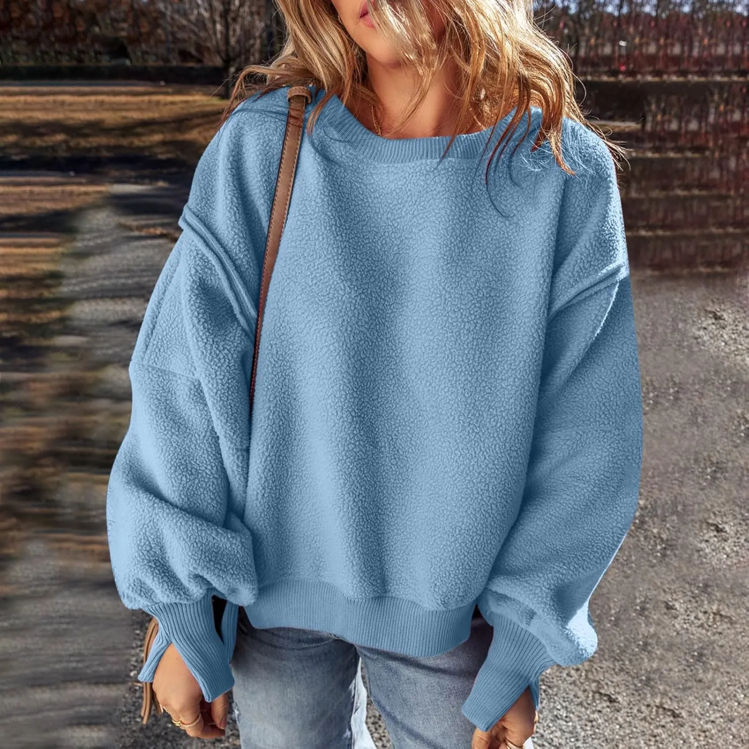 Womens Casual Crewneck Sweatshirt Fleece Long Sleeve Tops Oversized Pullover Winter Fashion Outfits Clothes 2024