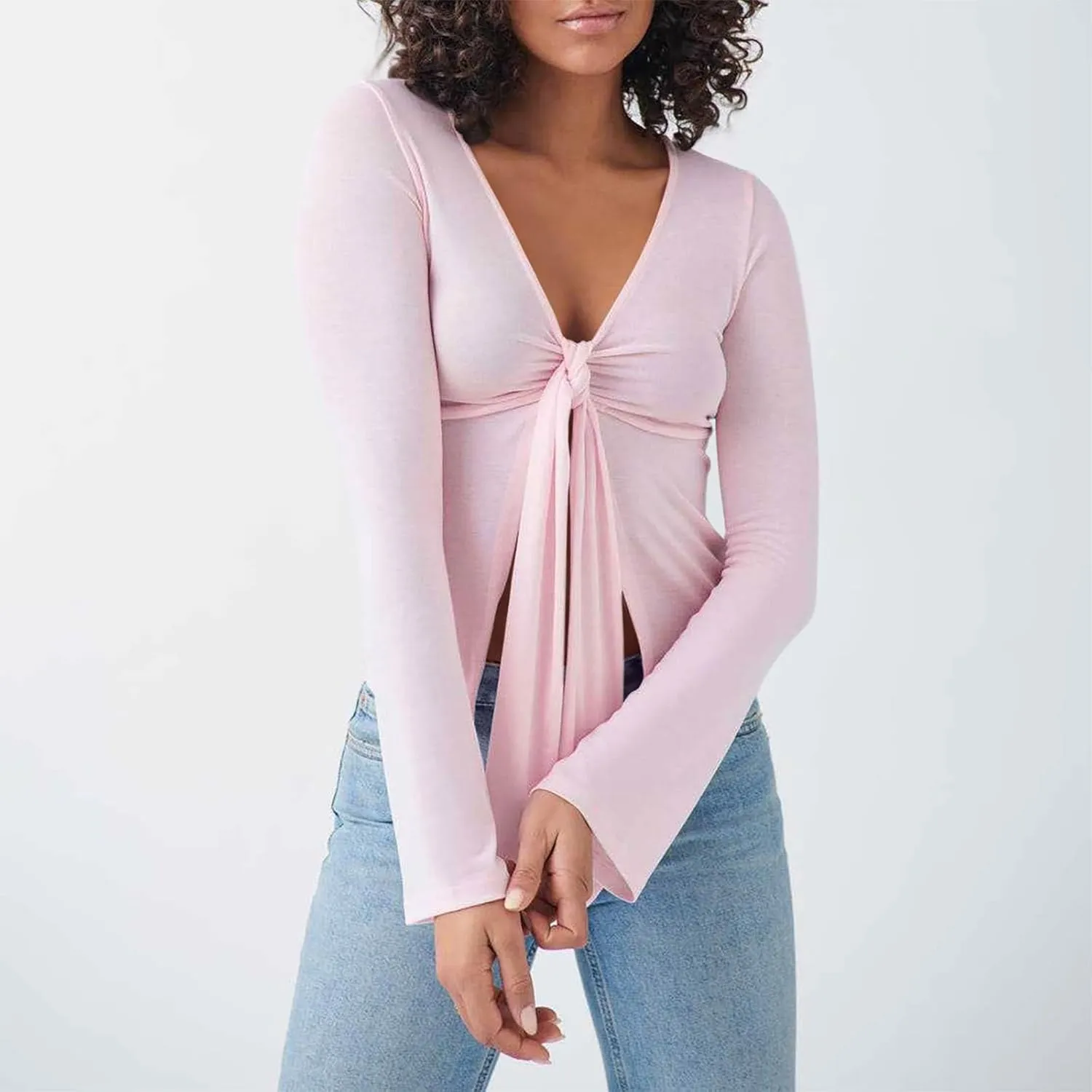 Women's Long Sleeve Deep V Neck Front Tie Bowknot Shirts Solid Color Ruched Split Trendy Blouse Y2K Slim Fit Crop Tops