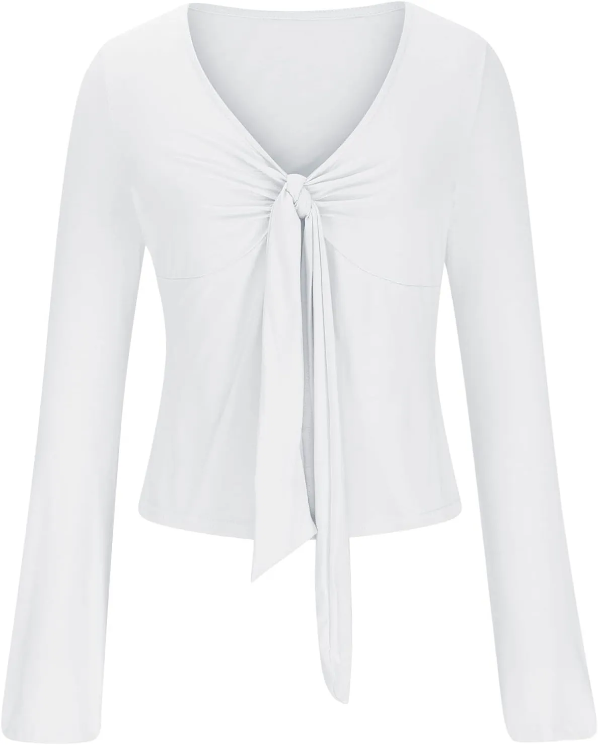 Women's Long Sleeve Deep V Neck Front Tie Bowknot Shirts Solid Color Ruched Split Trendy Blouse Y2K Slim Fit Crop Tops