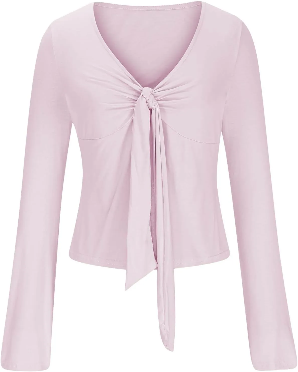 Women's Long Sleeve Deep V Neck Front Tie Bowknot Shirts Solid Color Ruched Split Trendy Blouse Y2K Slim Fit Crop Tops
