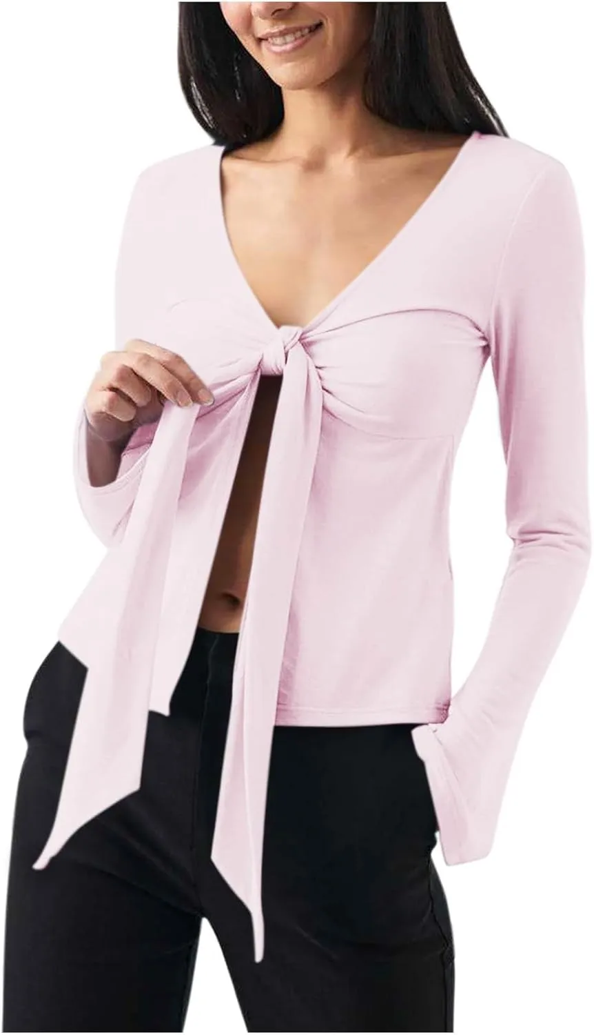 Women's Long Sleeve Deep V Neck Front Tie Bowknot Shirts Solid Color Ruched Split Trendy Blouse Y2K Slim Fit Crop Tops