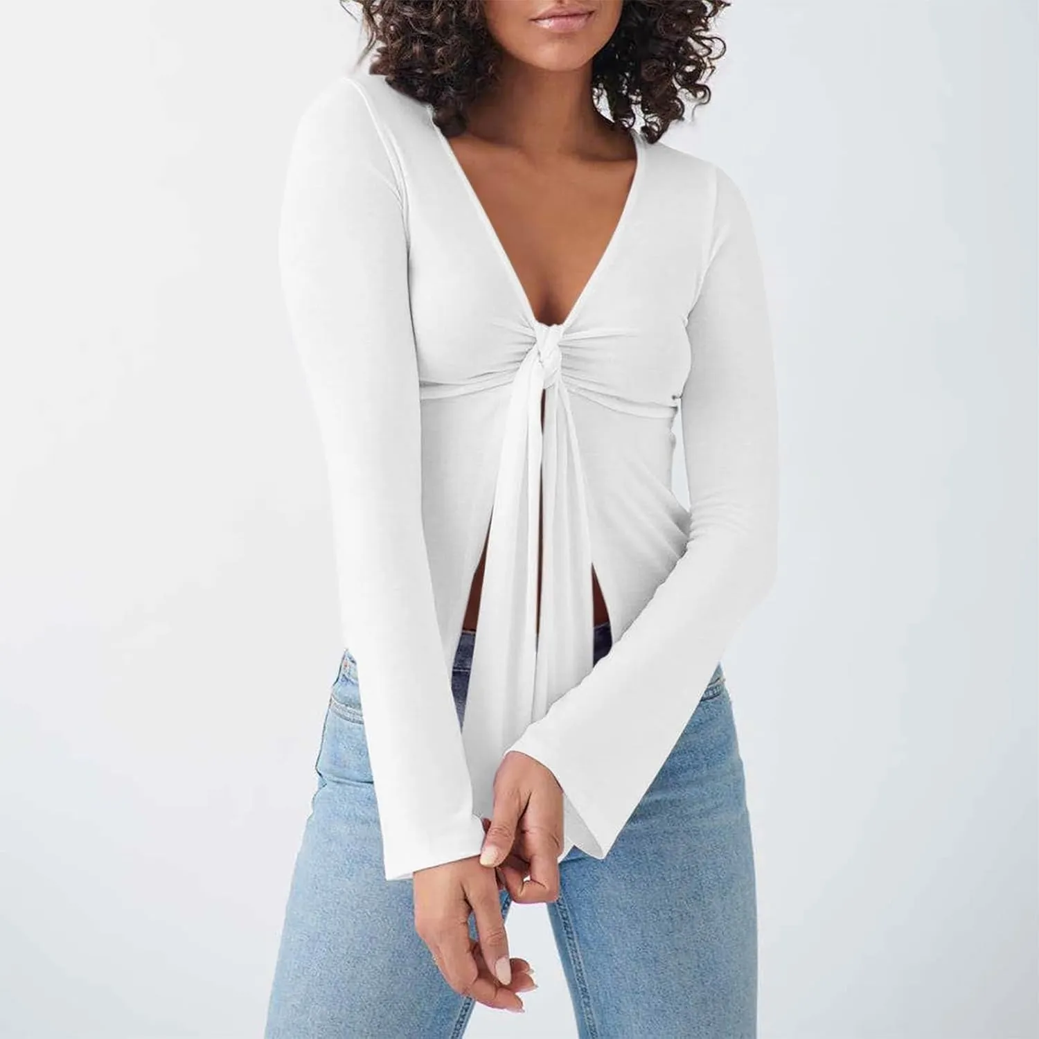 Women's Long Sleeve Deep V Neck Front Tie Bowknot Shirts Solid Color Ruched Split Trendy Blouse Y2K Slim Fit Crop Tops