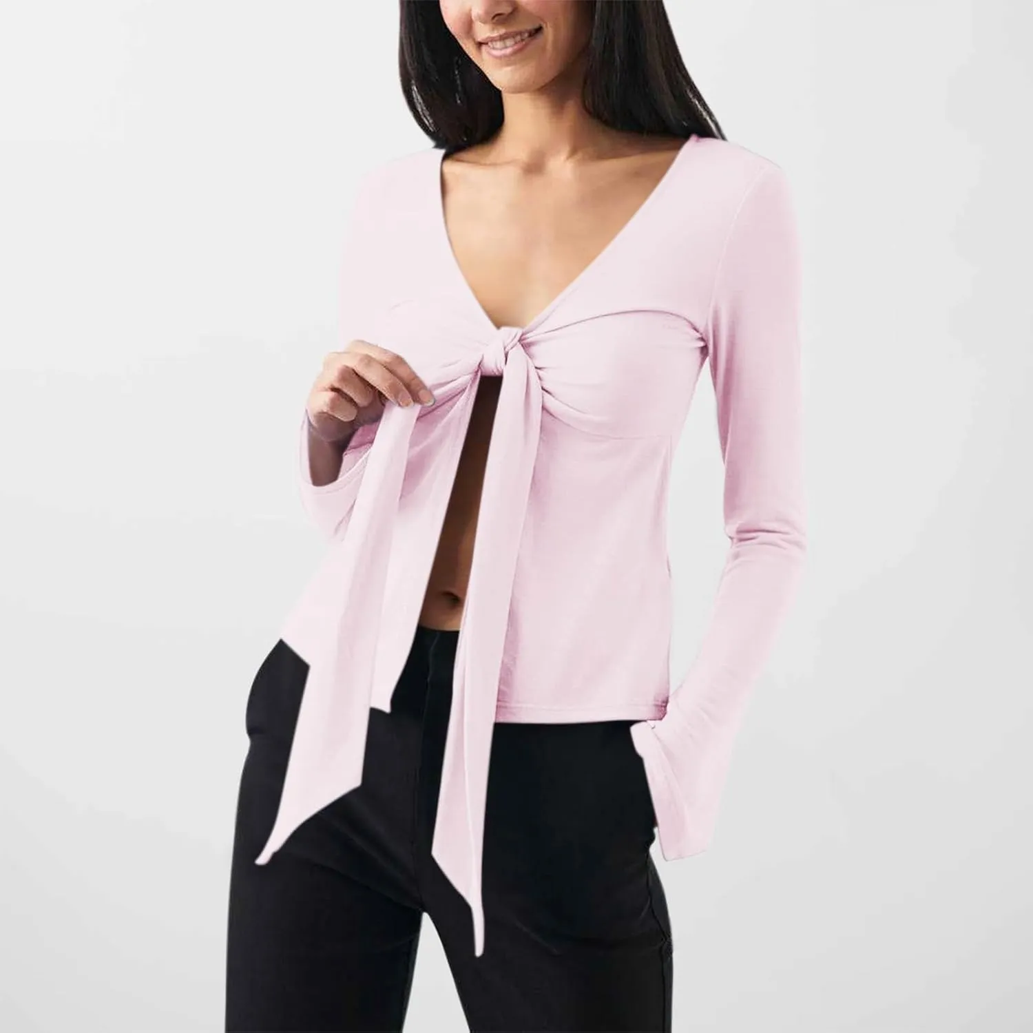 Women's Long Sleeve Deep V Neck Front Tie Bowknot Shirts Solid Color Ruched Split Trendy Blouse Y2K Slim Fit Crop Tops