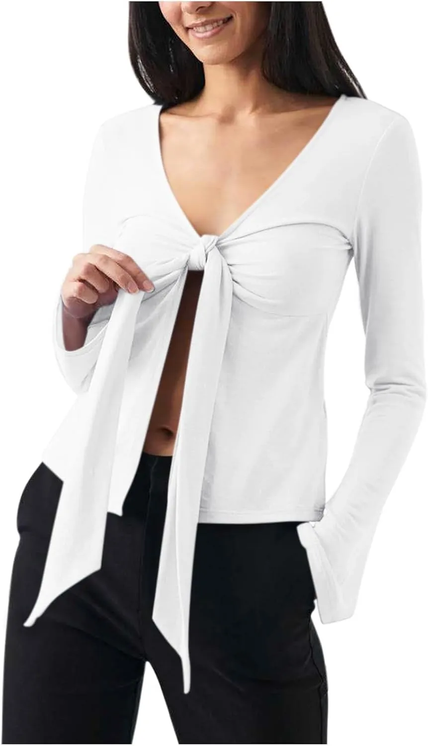 Women's Long Sleeve Deep V Neck Front Tie Bowknot Shirts Solid Color Ruched Split Trendy Blouse Y2K Slim Fit Crop Tops