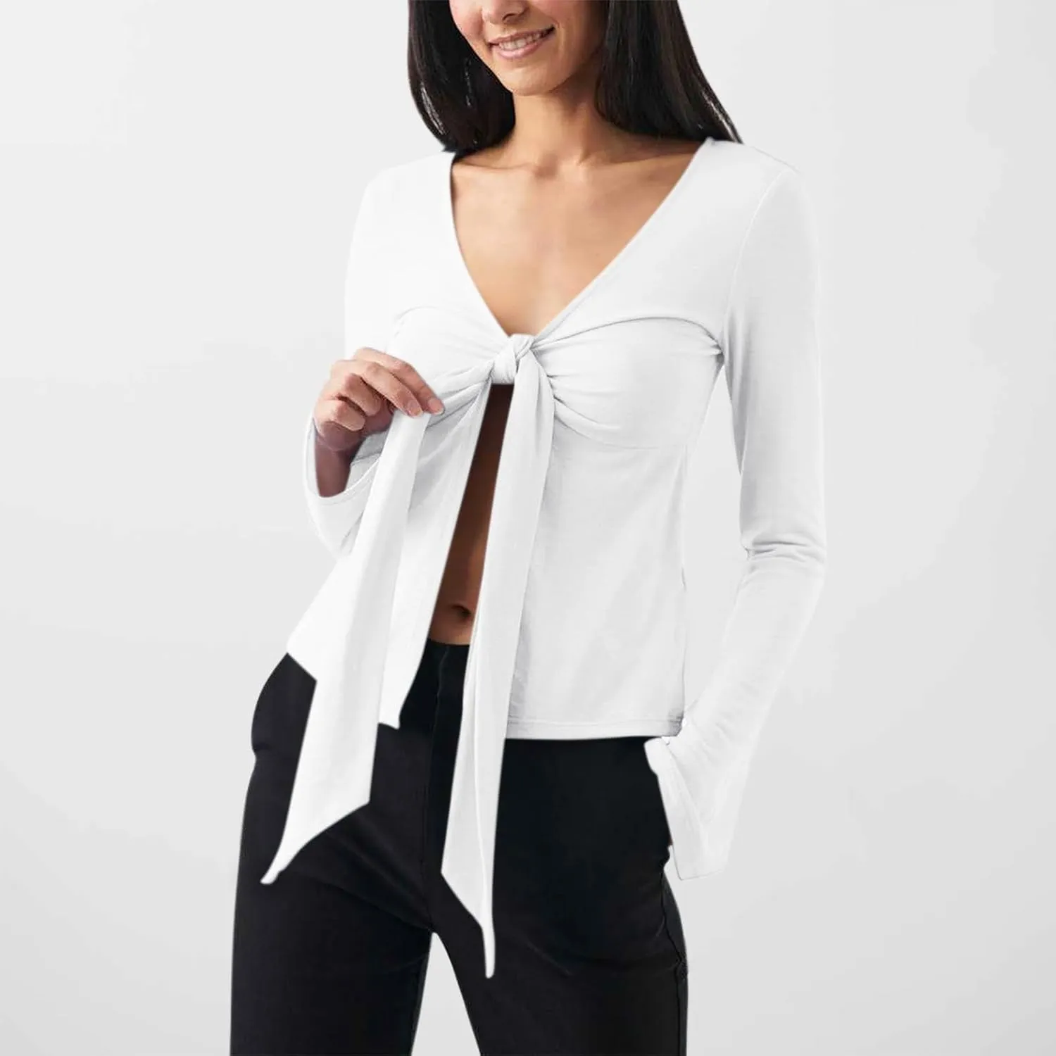 Women's Long Sleeve Deep V Neck Front Tie Bowknot Shirts Solid Color Ruched Split Trendy Blouse Y2K Slim Fit Crop Tops