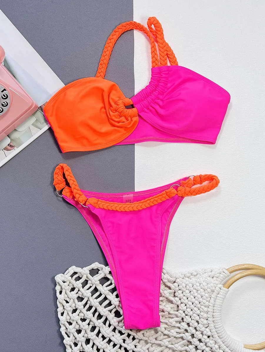 Women's Sexy Angled Neckline Bikini Set - Trend Rose Red Bikini