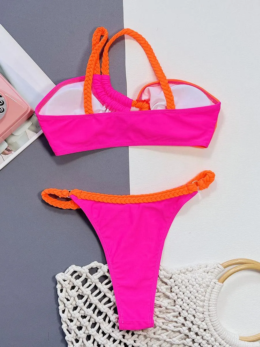 Women's Sexy Angled Neckline Bikini Set - Trend Rose Red Bikini