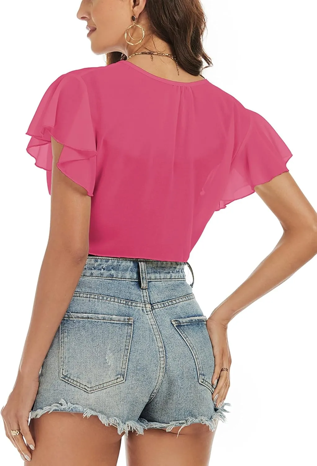 ZAFUL Women's Chiffon Cropped Bolero Sheer Shrugs for Dress Short Sleeve Tie Front Cardigan