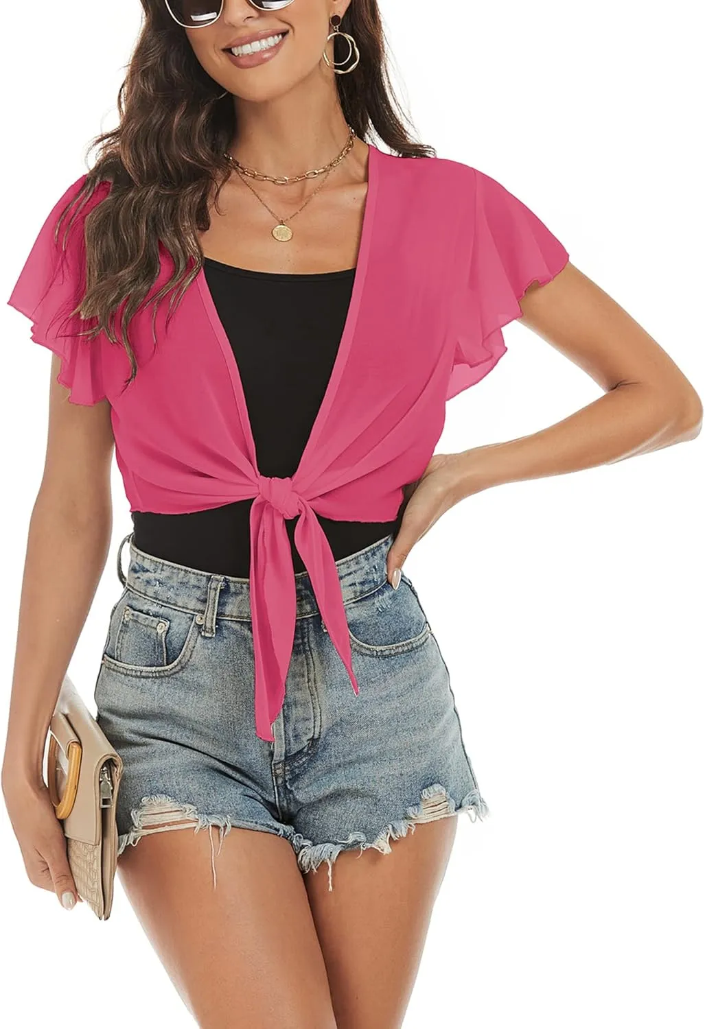 ZAFUL Women's Chiffon Cropped Bolero Sheer Shrugs for Dress Short Sleeve Tie Front Cardigan